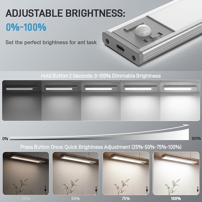 6Pack Aluminum Under Cabinet Lighting, 10inch Rechargeable Ultra-Thin Magnetic Motion Sensor Closet Lights, 3 Colors & Dimmable, USB-C Wireless Under Counter Lights for Kitchen, Pantry, Wardrobe