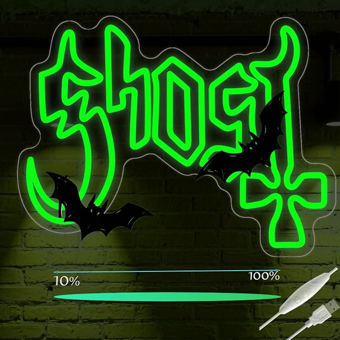 Ghost Neon Sign, Green LED Wall Light (12.2"x16.5") | Mysterious Rock Music Decor, Occult Aesthetic Room Light