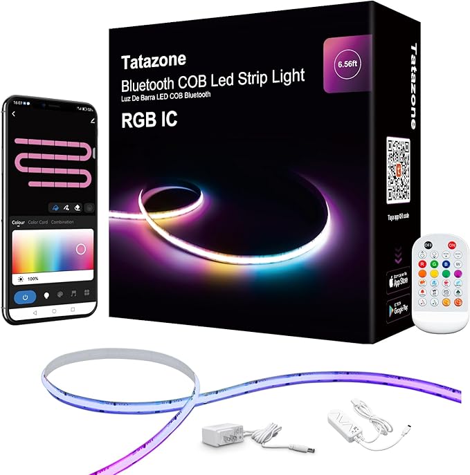 Tatazone 6.56ft Bluetooth RGB+IC COB Led Strip Light with App, Chasing COB Light Strip, Segmented Control, Music Sync, Color Changing Led Lights for Home Decor, Gaming, Cabinet, Desk