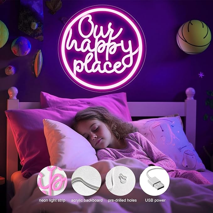 Our Happy Place Neon Sign Happy Place Neon Signs for Wall Decor，LED Signs for Bedroom Living Room Man Cave Home Bar Birthday Party Game Zone Decor Neon Classroom Signs