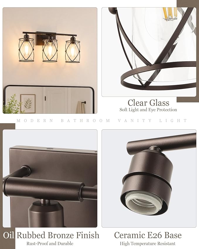 3-Light Oil Rubbed Bronze Bathroom Light Fixtures Over Mirror, 21" UL-Listed Modern Farmhouse Wall Sconce Lights with Clear Glass and Metal Cage for Bath, Hardwire E26, CH9176ORB-3W