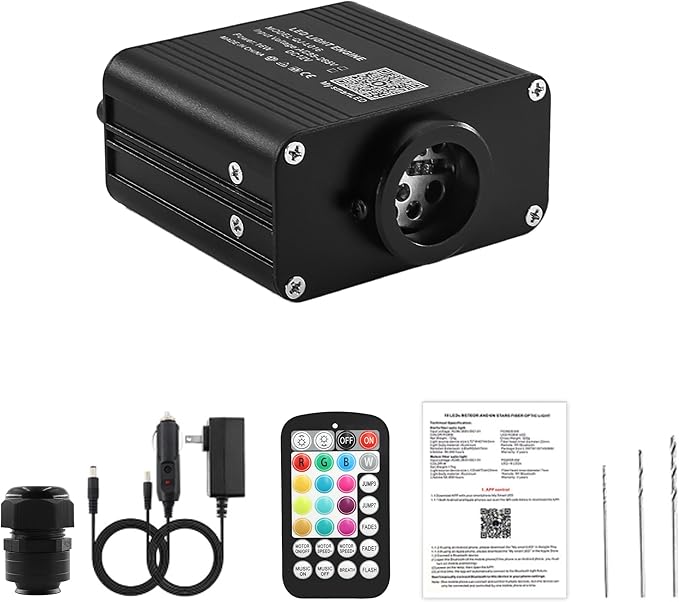 16W Compact Size Fiber Optic Light Box for Starlight Headliner, Twinkle & Music Mode, Control by Bluetooth App/RF Remote Control, Car Plug & Power Adapter, PG Connector & 3 Drill Bits