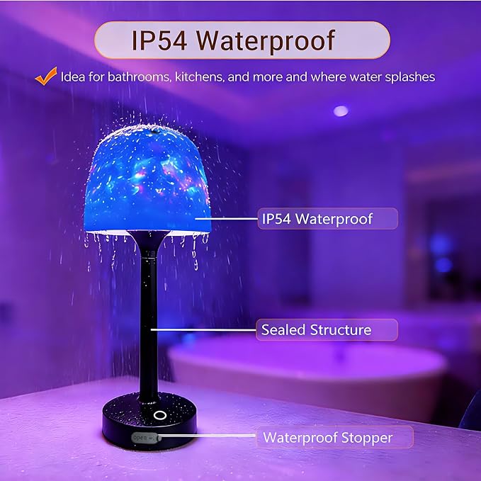 Waterproof Bathroom Lamp with 16 Color Ocean Wave Projector, Rechargeable Shower Light with Touch & Remote Control, Cordless Light for Inside Shower/Bathtub (Black)