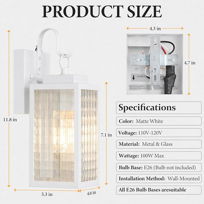 11.8-Inch Dusk to Dawn Outdoor wall Light, Simple White Porch Light | All-Metal Frame, Rust-Resistant Outdoor Lighting Fixture, Checkered Tempered Glass,Easy to Install