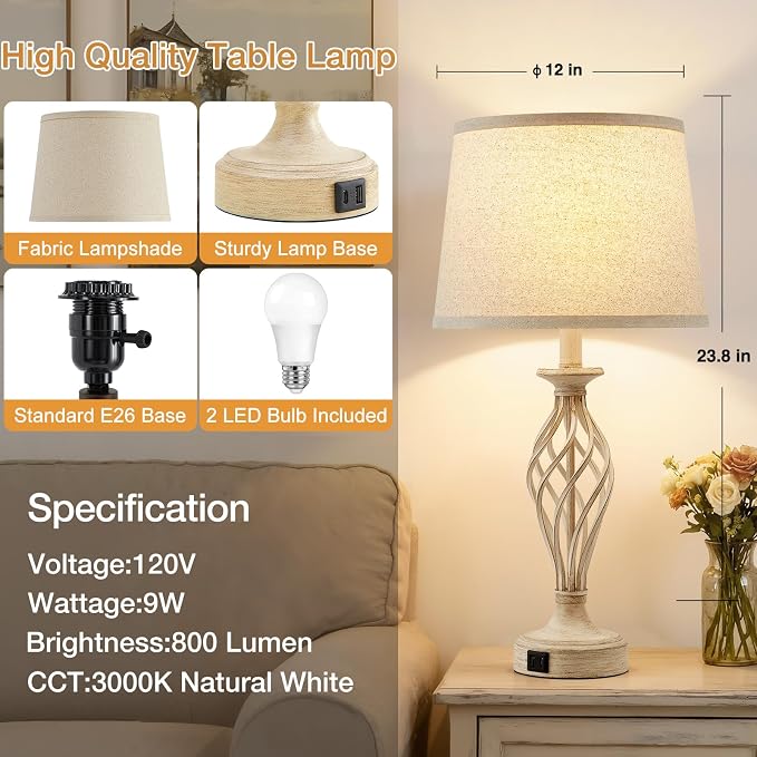 EJIAXIN Bedside Table Lamp for Bedroom Set of 2 - Beige Nightstand Lamps with USB C+A Ports,Rustic Distressed Farmhouse Bedroom Lamp - Lamp for Living Room Reading Bed Side End Table Bulbs Included
