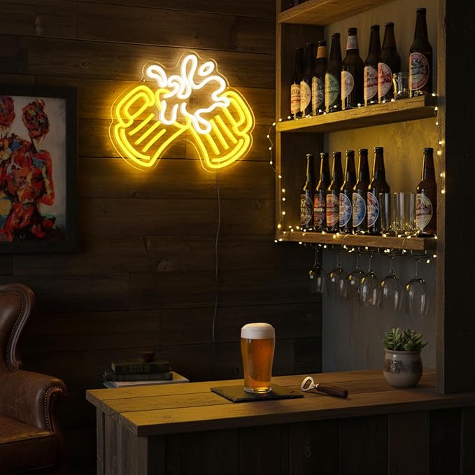 Cheers Beer Neon Sign for Home Bar Pub Man Cave Wall Decor USB Powered | Dimmable Neon Bar Sign with Clinking Beer Mugs Foamy Splash Design for Bar Counter Tavern Brewery Lounge Garage Party Decor