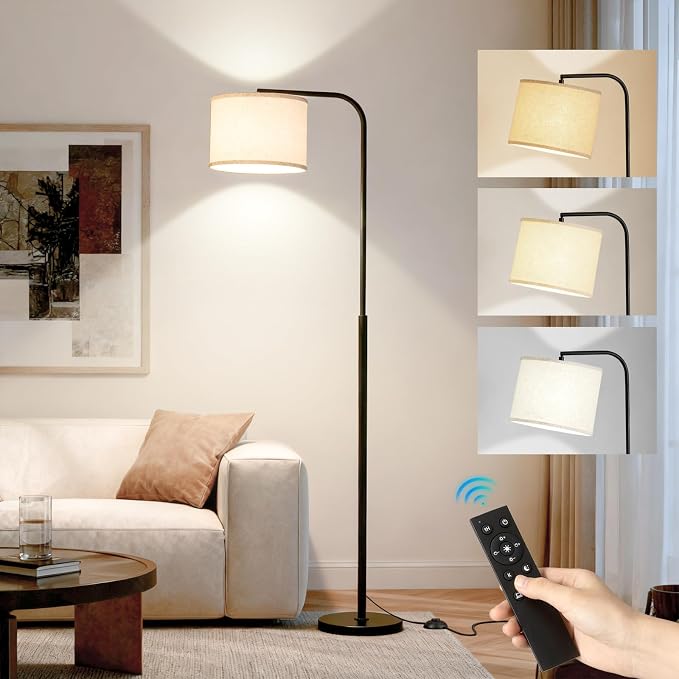 Arc Floor Lamp with Remote and Dimmable Black Floor lamps for Living Room | Modern Tall Standing Lamp for Bedroom Corner and Office wiht Adjustable Hanging Drum Shade Over Couch Arched Reading Light