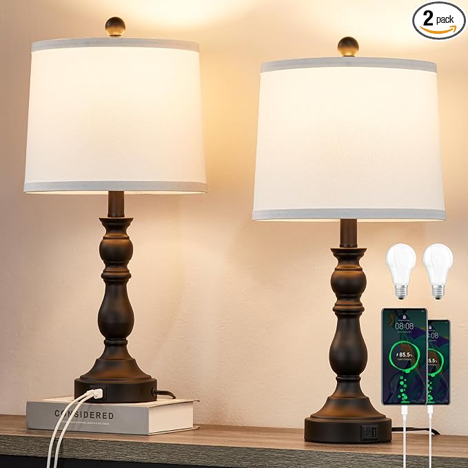 Farmhouse Side Table Lamps for Living Room Set of 2 with USB C+A Ports, Bedside Lamp for Bedroom, Dining Room Decor, Office, End Table, Knob Switch, 3 Color Temperatures, Bulb Included, Black