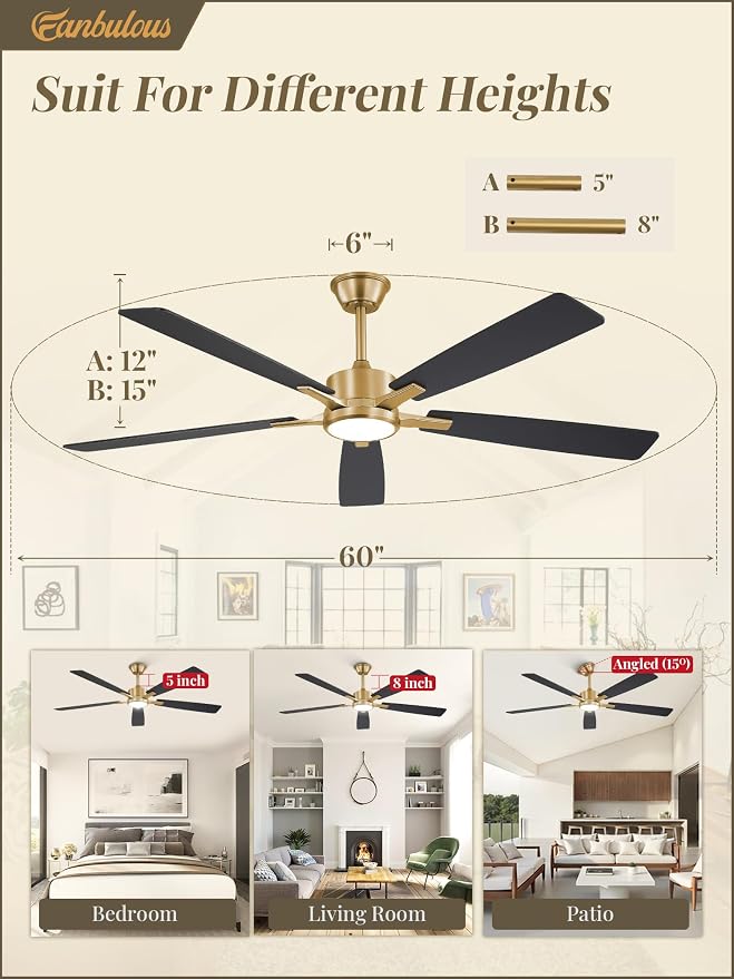 Fanbulous 60 Inch Black and Gold Ceiling Fan with Light Remote & APP | Stepless CCT & Dimmable Light, 20W LED Ceiling Fans, 6 Speeds, Reversible Quiet DC Motor, for Bedroom Living Room Apartment