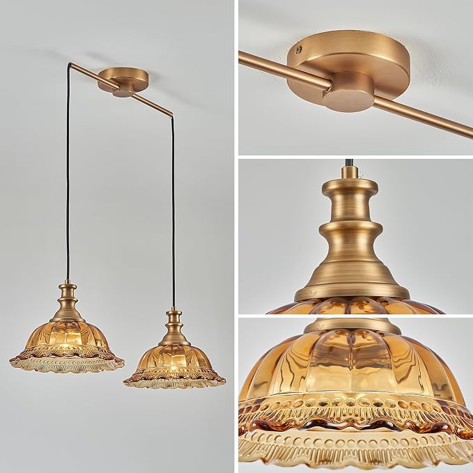 HDDFL Vintage 2 Light Pendant Light Fixtures Modern Brown Glass Hanging Lighting with Adjustable Cord for Kitchen Island Dining Room Living Room Hallway
