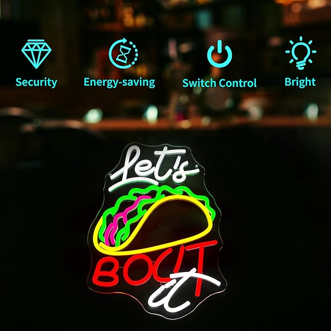 Neon Sign, HSJNJKFU Let's Bocit It, Tacos Food Neon Signs for Wall Decor Light Sign for Kitchen, Shop, Restaurant, Cafe, Bar LED Signs for Man Cave Room Decor - USB Powered