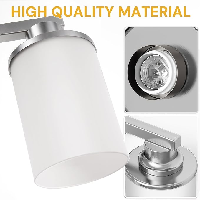 L LOHAS LED Brushed Nickel Bathroom Light Fixtures, 3-Light Vanity Light Over Mirror, Wall Sconces with Milky White Frosted Glass Shades for Bedroom, ETL Listed