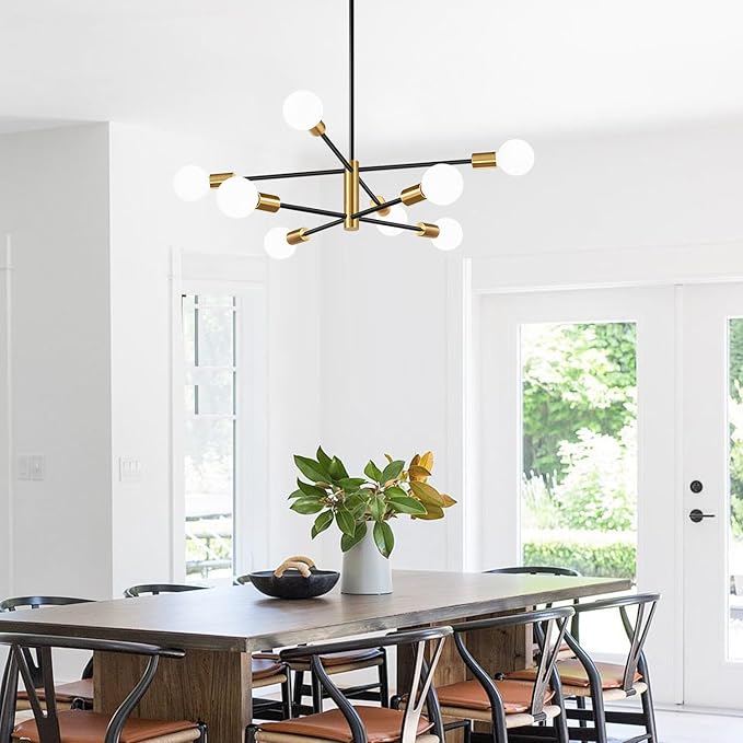 Sputnik Chandeliers Dining Room Light Fixture (8-Light, 30-Inch), Modern Brushed Gold and Black Chandelier, Height Adjustable Mid Century Modern Chandeliers for Dining Room (Bulbs Not Included)