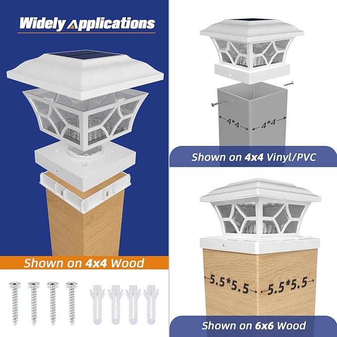 APONUO Solar Post Cap Lights 12 Pack with 1000mAh Battery - for 4x4 5x5 6x6 Fences, Larger Size & Longer Lasting, 2-Mode, IP64 Waterproof, for Deck Patio Yard (White)