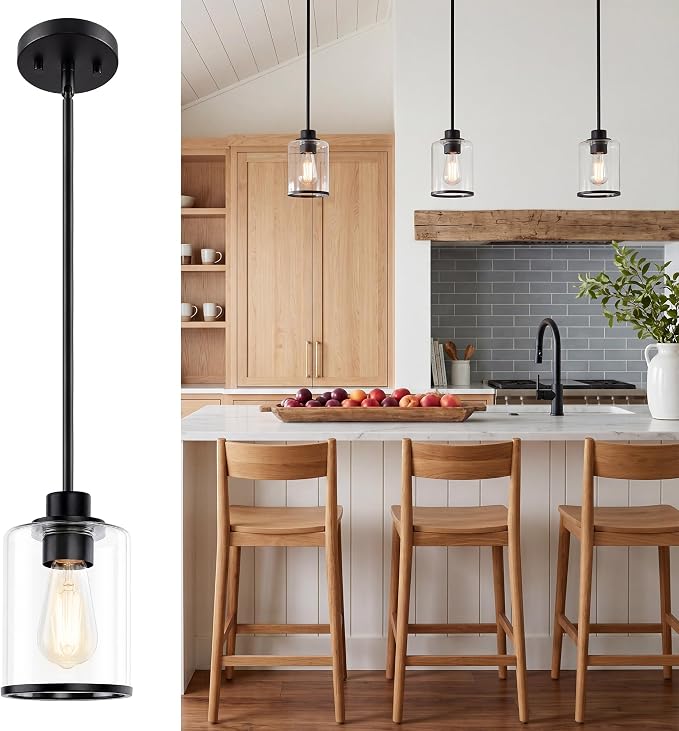 Beionxii Single Pendant Lights Kitchen Island, Clear Glass Pendant Lights | Black Finish with Rods, E26 Base, UL Listied, Adjustable Hanging Height for Living Dining Rooms Bedrooms Foyers, BX-PL02MB+R
