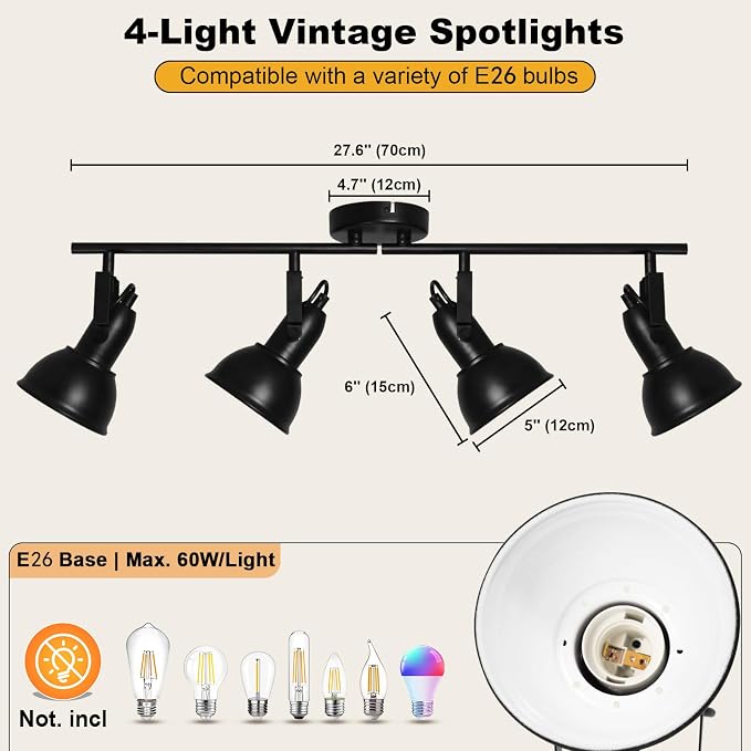 HiBay Track Lighting Fixtures Ceiling Black, Adjustable 4-Light Spotlight | Industrial LED Track Lights for Kitchen, Dining Room, Bedroom, E26 Base (Bulb Not Included)
