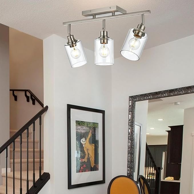 3 Light Track Lighting Fixtures Ceiling, Brushed Nickel Wall Scones | Modern Track Lighting Kit with Clear Glass, Rotatable Spotlight Ceiling Mount for Kitchen Shop Hallway Restaurants