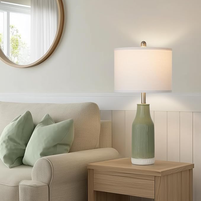 24.5" Ceramic Table Lamps Set of 2 for Bedroom, Sage Green Table Lamps for Living Room End Table, Small Farmhouse Bedside Lamps for Nightstands (2 LED Bulbs Included)