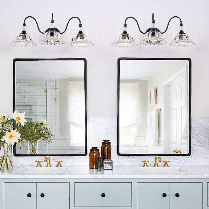 Vintage Bathroom Vanity Light Fixtures 3 Lights Matte Black Vanity Lights for Bathroom with Floral Crystal Glass Shades Wall Lighting Fixtures Over Mirror(Exclude E26 Bulb)