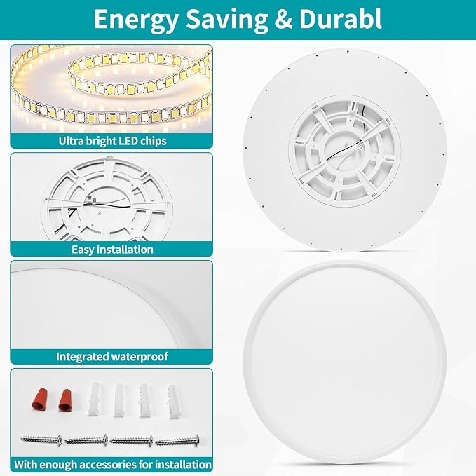 24'' Large Flush Mount Ceiling Light Fixture Dimmable with Remote Control | 56W 5600Lm, Ultra Thin, Modern, Round, White Led Ceiling Lamp for Kitchen Dining Room Bedroom Living Room Home Office
