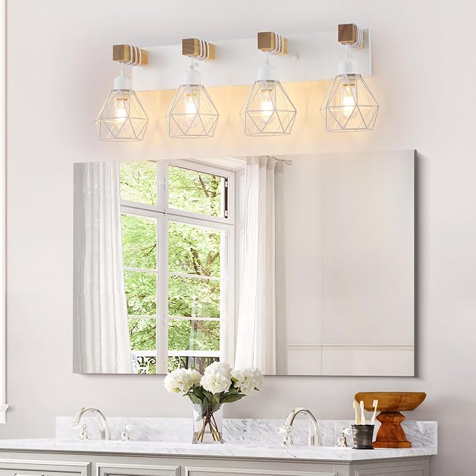 maesta 4 Light Bathroom Vanity Light, Farmhouse White Fixture Over Mirror | Farmhouse Bathroom Light Fixtures, Wood & Metal, Anti-Rust Easy to Install for Rustic Bathroom Hallway