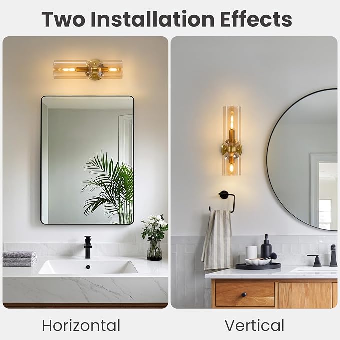 Mid Century Bathroom Wall Sconce: Set of 2 Modern Brass Gold Amber Lights | Minimalist Glass Indoor Dimmable Lighting Fixture with Bulb, Double Brushed Vanity Sconces for Bedroom Living Room Hallway
