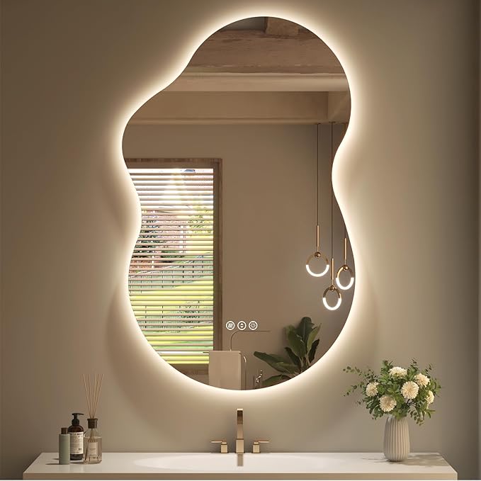 SMIROR 20x32 Irregular Backlit Led Lighted Bathroom Vanity Mirror | Asymmetrical, Cloud Shape, Anti-Fog, 3 Colors, Dimmable, Memory, Tempered Glass, UL