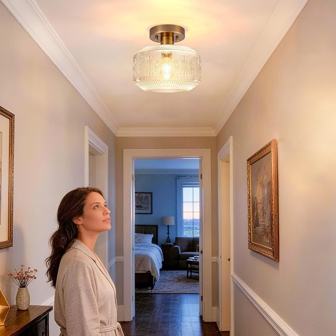 DSMJFU Semi Flush Mount Ceiling Light, Brass Thick Glass Fixture | Thick Glass Shade Creates Soft Warm Glow, Semi Flush Design Fits Low Ceilings, Ideal for Hallway Bedroom Bathroom Laundry