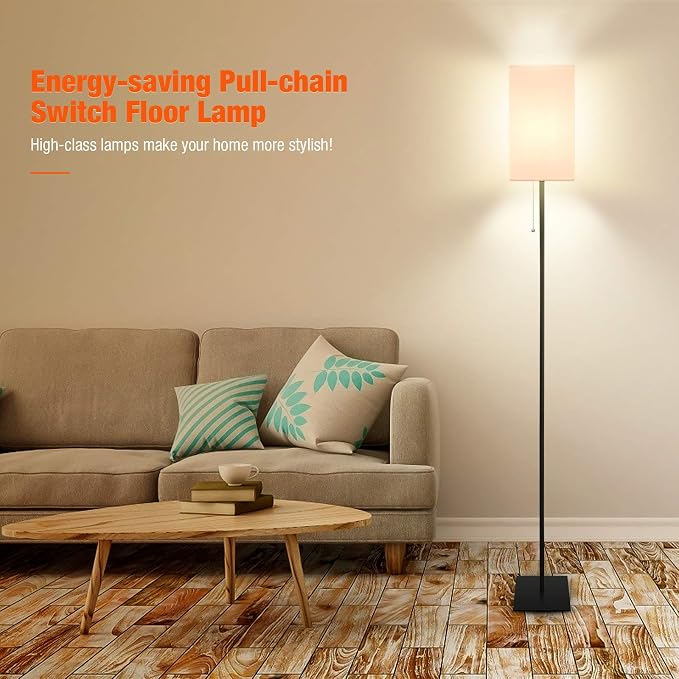 Modern Floor Lamp for Living Room, Tall Black Floor Lamp with Square Linen Shade, Pull Chain Switch and Stable Metal Base, Standing Lamp for Bedroom, Reading Nook and Office, Bulb Included