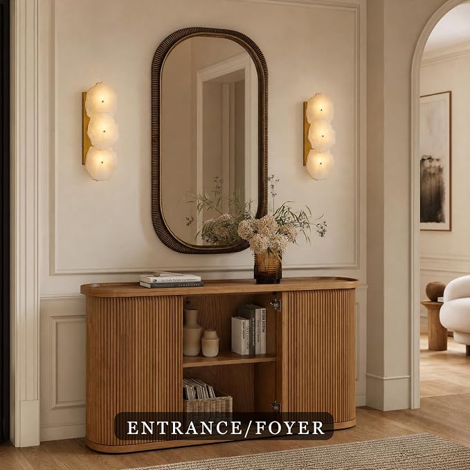 Alabaster Wall Sconce, 3-Light Irregular Spanish Natural Marble Sconces, Brushed Gold Hardwired Stone Wall Sconce, Dimmable Modern Indoor Wall Light for Bathroom Vanity, Living Room, Hallway(1 Pack)