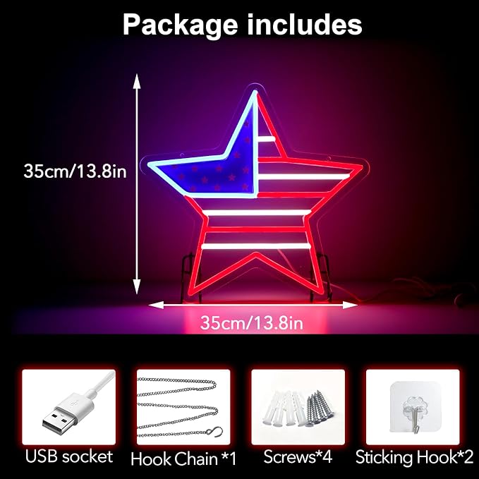 American Flag Star Neon Sign, 4th of July LED Decor | Dimmable Patriotic LED Light, USB Powered, 4th of July Decor, Includes Chain & Hooks, Red White Blue