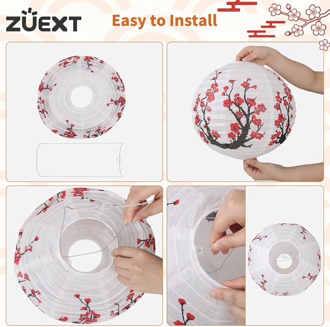 6 Pcs White Paper Lanterns Decorative 10x12 Inch, ZUEXT Cherry Blossom Hanging Round Chinese/Japanese Lantern for Festival Theme Birthday Party Wedding Home Yard Japanese Eateries Decor Oriental Style