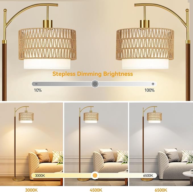 ZECOXOL Boho Floor Lamps for Living Room Rattan Floor lamp with Remote Control & 3 Color Temperatures,Vintage Wood Mid Century Modern Standing Lamp Dimmable Tall Floor Lamp for Bedroom Corner
