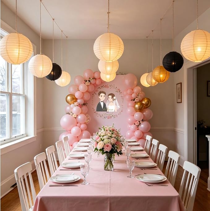 Cream Black Gold Chinese Paper Lanterns with LED, 10-Pack 10inch | Hanging Lights for Engagement Party, Modern Wedding, Anniversary, Birthday Decorations & Art Deco Party