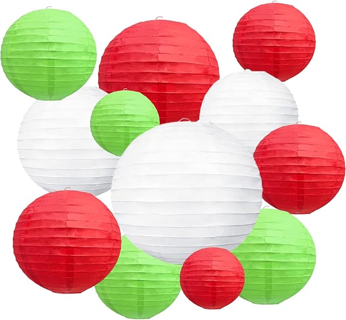 20Pcs Green Red White Paper Lanterns for Parties, 6” 8” 10” 12” Chinese Asian Hanging Round Paper Lanterns for Birthday Wedding Halloween Christmas Home Decor Party Decor