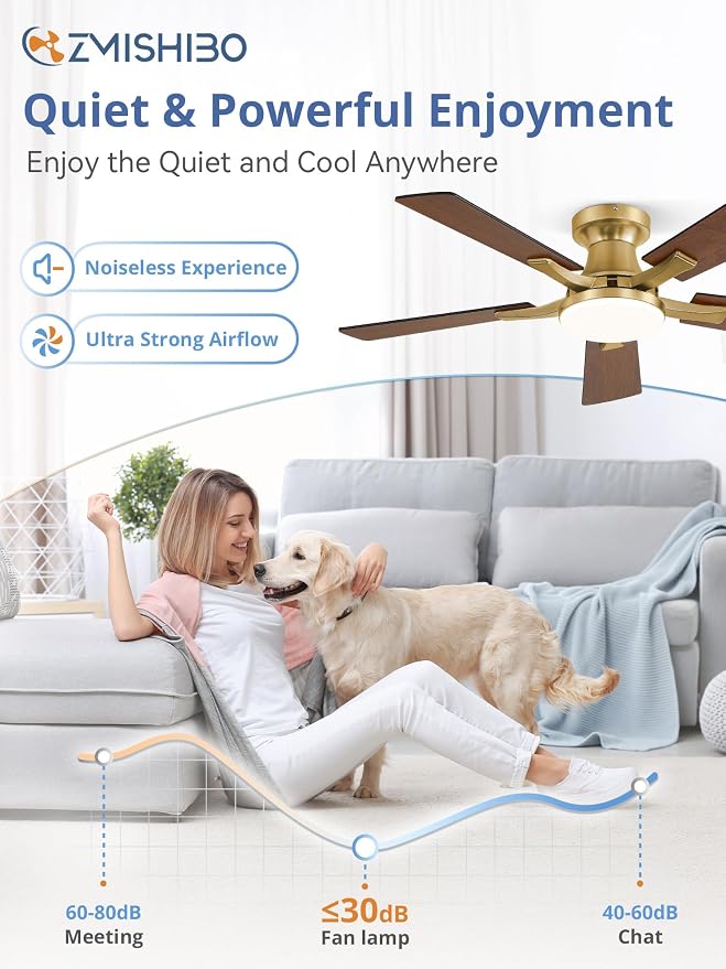 ZMISHIBO 42 Inch Ceiling Fans with Lights, Remote&App Control, Flush Mount | Low Profile, Dimmable 20W LED Light, Quiet Reversible Motor, Strong Airflow, Easy Install for Bedroom/Living Room/Apt, Gold
