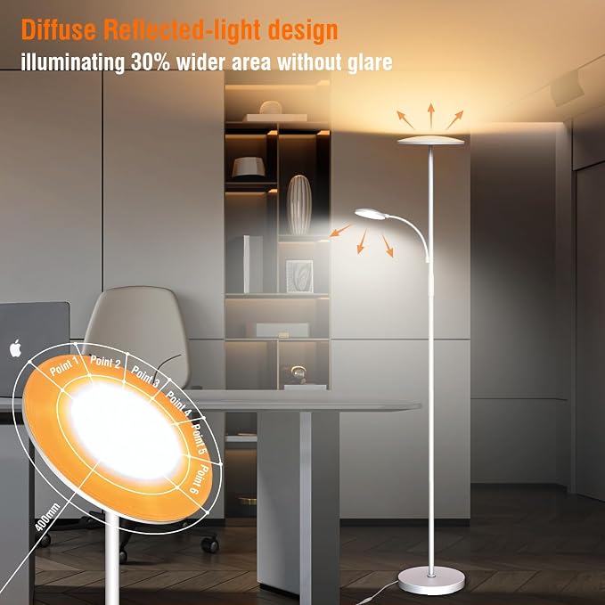 marctronic White Floor Lamps for Living Room, 44W/4500LM Super Bright 2 in 1 LED Floor Lamp with Remote, Stepless Dimmable, 69" Tall Standing Floor Lamp with Bendable Reading Light for Bedroom Office