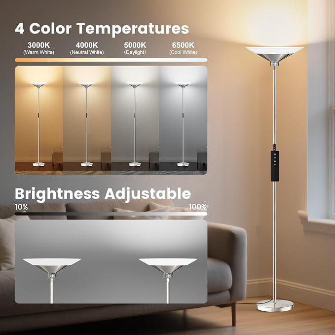 Metallic Silver Torchiere Floor Lamp - 30W Dimmable LED Standing Lamp with Remote/Button Control, 1800Lm, 3000-6500K, 72in Tall Bright Pole Light for Living Room Bedroom Office Corner