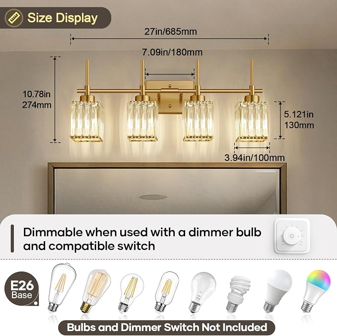 Torondo Modern Crystal Bathroom Vanity Light 4-Lights Brushed Gold Bathroom Light Fixtures Over Mirror Brushed Gold Vanity Lighting Fixtures Square Shade Brass Wall Sconce (Bulbs Not Include)