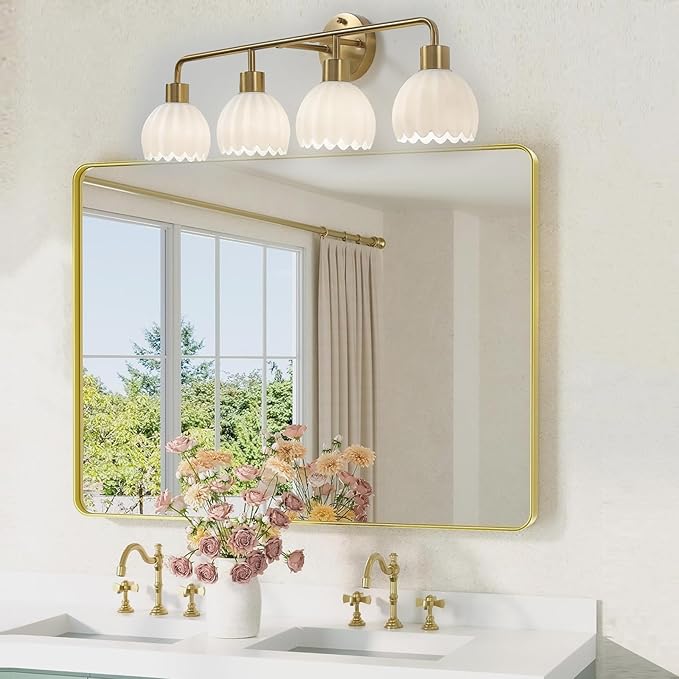 Brushed Gold 4-Light Vanlity Light Over Mirror,Wall Sconces,Gold Brass Bathroom Light Fixture with Milk White Glass Flower Shade,E26(Bulbs Not Included)