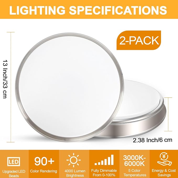 13 Inch 36W Dimmable Flush Mount LED Ceiling Lights, 5CCT (2700K-6500K) Adjustable & 4000LM Super Bright LED Ceiling Light Fixtures, Brushed Nickel Modern Ceiling Lamp for Bathroom Hallway, 2-Pack