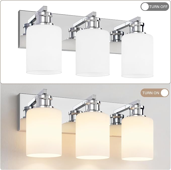 3-Light Chrome Bathroom Vanity Light Fixture, Vanity Lights for Bathroom | Modern Chrome Bathroom Vanity Light Fixture Over Mirror with White Glass Shade, Bathroom Wall Light Over Sink, 16.5 Inch