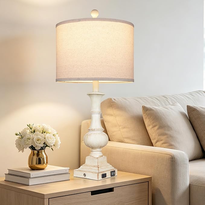 26" Farmhouse Table Lamps Set of 2, Rustic Touch Control Bedside Lamps with 2 USB Ports & AC Outlet, Vintage White Resin 3-Way Dimmable Nightstand Lamp Linen Fabric Shade for Living Room Bedroom Decor