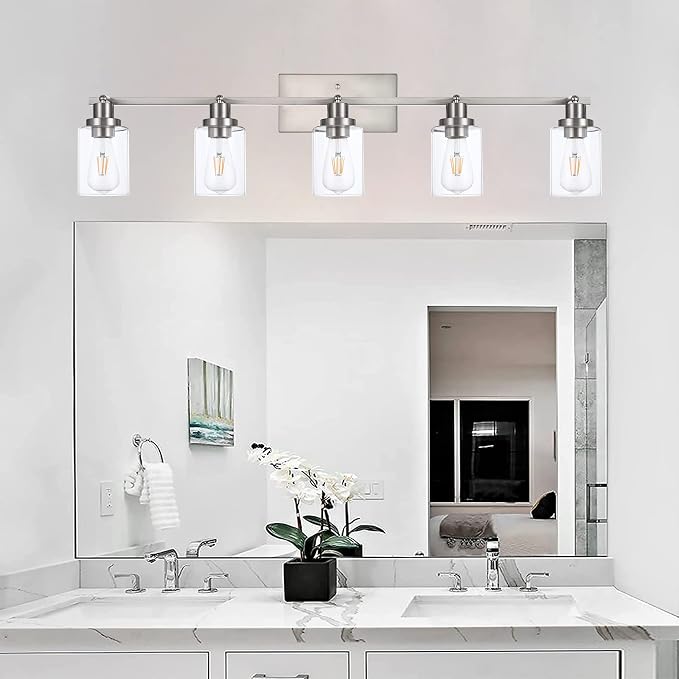 MELUCEE 5 Light Multi-Directional Rotating Track Light Kit Brushed Nickel | 37 Inch Bathroom Light Fixtures Ceiling Spotlight Fixture for Kitchen Foyer Bath, Clear Glass Shade