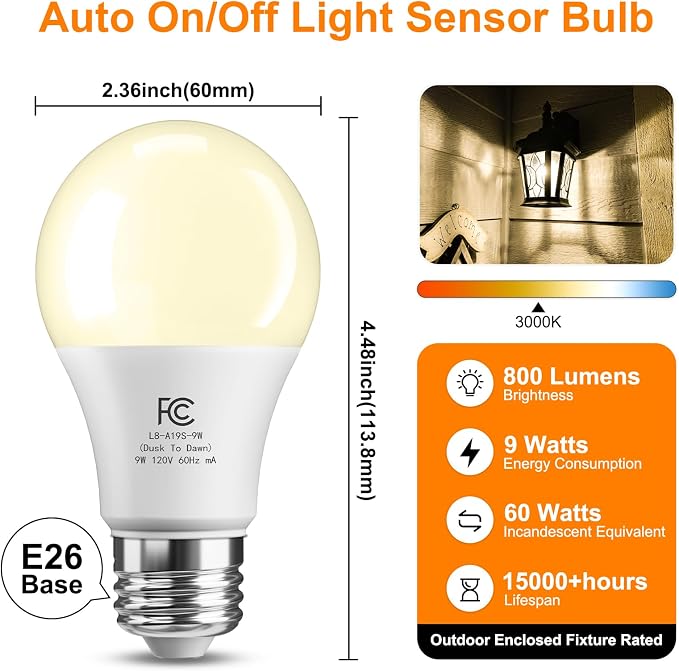TJOY Dusk to Dawn Light Bulb Outdoor, Light Sensor, Automatic On/Off, 3000K | Photocell A19 LED Bulb for Outdoor Porch Lighting, 60W Equivalent, Energy Efficient 9W, Warm White, E26 Base, 4 Pack