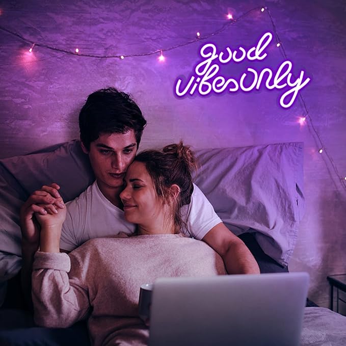 JFLLamp Good Vibes Only Neon Signs for Wall Decor Neon Lights Led Signs Suitable for Living Beer Bar Game Room Hotel Birthday Party Restaurant Christmas Unique Gift for Lover, 16.5 * 10 Inch(Purple)
