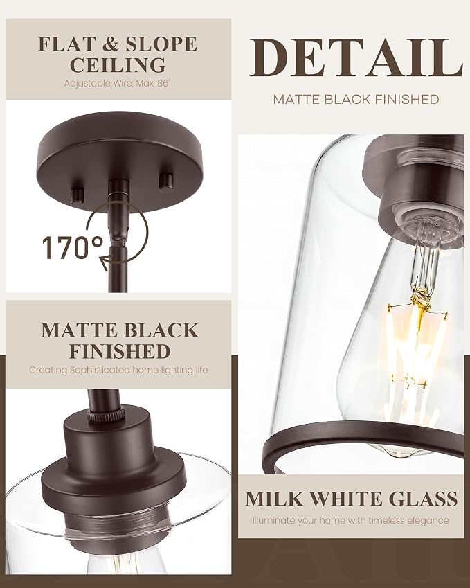 Beionxii Pendant Lights Kitchen Island, Oil Rubbed Bronze Hanging Light | Farmhouse Pendant Lighting, Hanging Pendant Light with Rods for Kitchen Island Dining Room Bedroom Entryway,BX-PL02ORB-CG+R