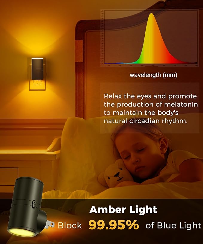 L LOHAS LED Amber Night Light, Yellow Nightlight,Rotating,Dimmable 50/100LM | Plug into Wall, Warm Circadian Nightlight,Light Sensor Nightlight Plug in, Adults Hallway Bedroom Bathroom[Black Shade,4Pack]