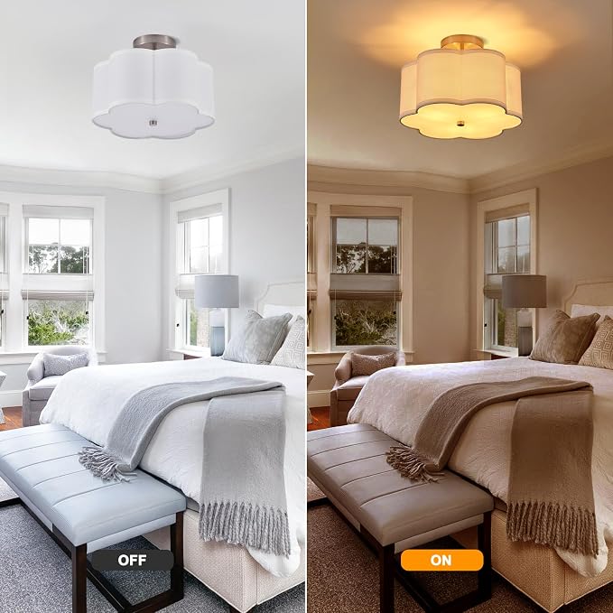 12.9" Chrome Semi Flush Mount Ceiling Light, Linen 3-Light Fixture | White Linen Petal Shade, Modern Chrome Style For Bedroom, Hallway Kitchen, Basement, Bedroom,Laundry; Close-To-Ceiling, E26