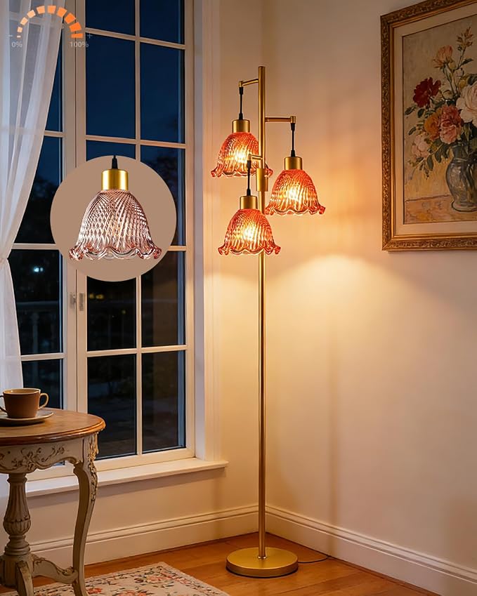 Lightdot Glass Floor Lamps for Living Room, 3-Light Dimmable Floor Lamp with Rose Red Glass Shade& E12 Bulbs Included, Mid Century Standing Tall Lamp with 5Lbs Heavy Base for Bedroom/Sofa Beside-Gold